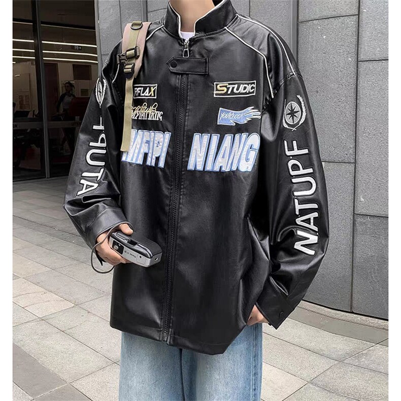 美式炸街赛车服外套男街头hiphop潮牌宽松痞帅机车服情侣皮衣夹克,男装皮衣,星座506A