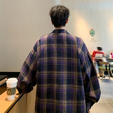 衬衫男春季新款港风宽松大码磨毛格子长袖衬衣CS2019-P35，男装衬衫，星座214-3