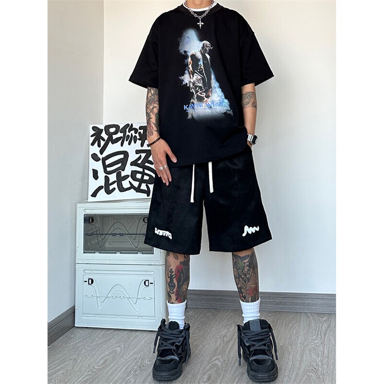 重磅短裤男美式高街麂皮5分裤夏季大码oversize宽松休闲篮球裤子图片
