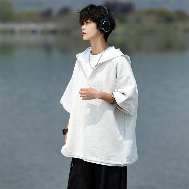 8XL-M假两件短袖卫衣连帽t恤男夏季薄款宽松大码学生半袖DT007P48,男装T恤,电商B312