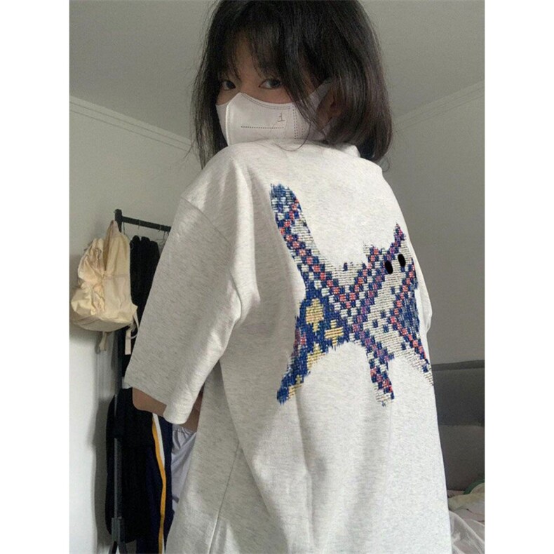 H0647-P35刺绣猫咪设计感小众美式宽松短袖t恤，女装T恤，星座617A-2