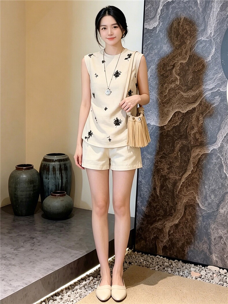欧货运动休闲套装女夏季新款修身显瘦圆领无袖上衣阔腿短裤两件套,女装套装/套裙,江南