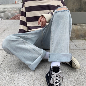 20港风文艺秋款男牛仔裤破洞宽松潮直筒裤n图片