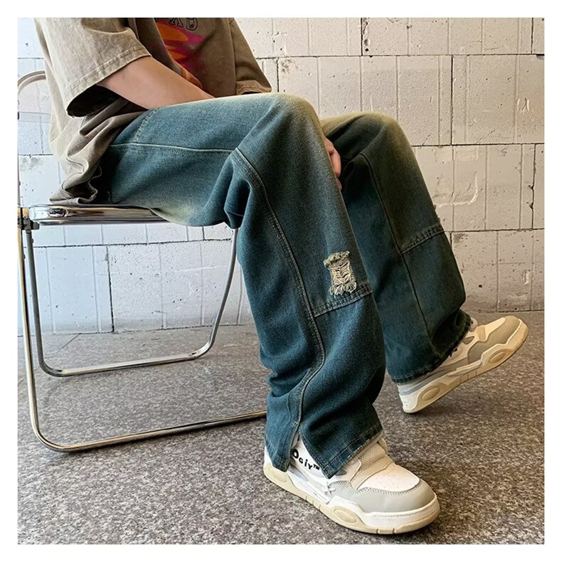 复古垂坠感破洞牛仔裤男嘻哈hiphop宽松直筒毛边拖地长裤潮牌,男装牛仔裤,星座601-2