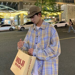 日式加绒加厚秋冬新款长袖格子衬衣保暖衬衫潮牌潮流宽松休闲外套图片