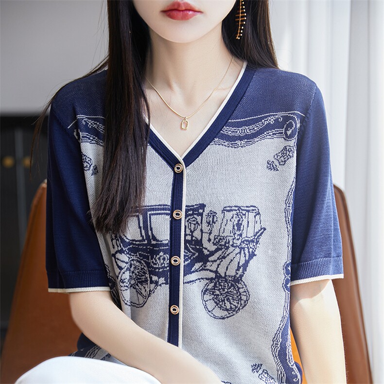 高级感复古提花夏季V领假开衫短袖女天丝薄款洋气休闲透气撞色T恤,针织衫/毛衣,郡淞羊绒