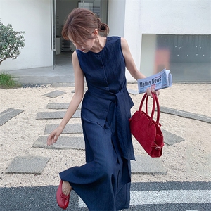 老钱风无袖绑带上衣半身裙套装女2025夏季新款法式气质显瘦两件套图片