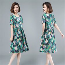 2021年夏季中长款通勤韩版套头A字裙40-49周岁印花高腰裙子短袖，女装连衣裙，伊满意