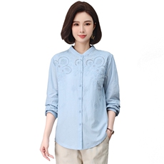 绣花长袖衬衫女2023秋装新款立领镂空棉衬衣修身显瘦气质，女装大码女装，奕阳依阁
