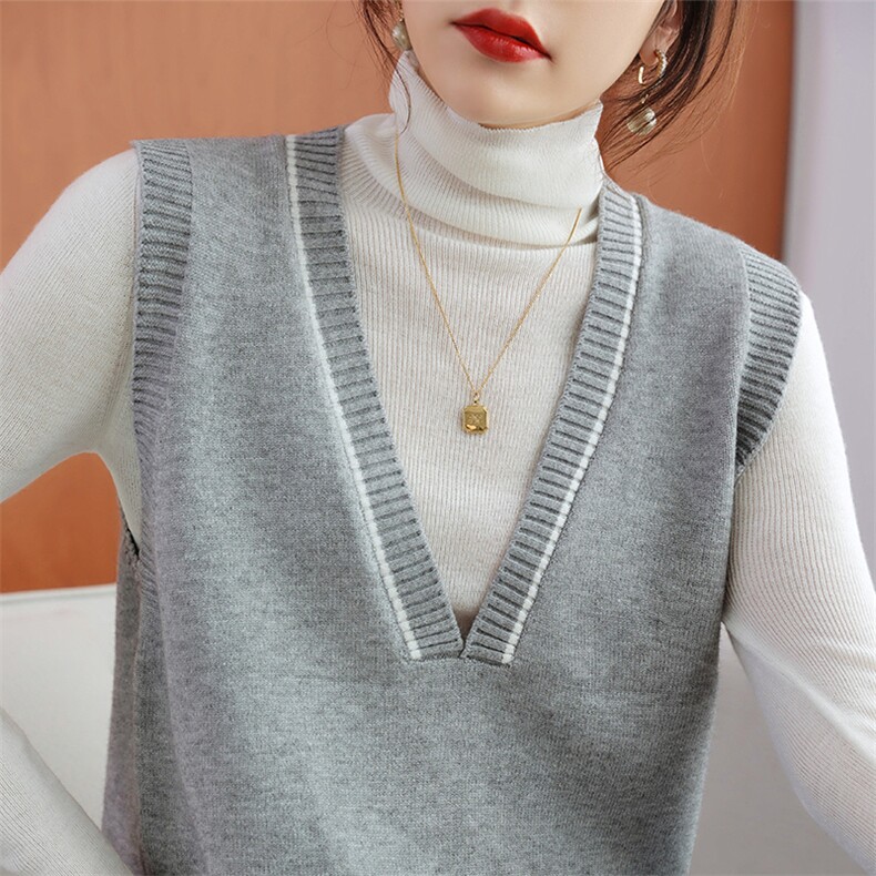 时尚百搭女士秋冬V领针织马甲简约撞色设计显瘦修身无袖背心外套，女装马甲，洁纯羊绒