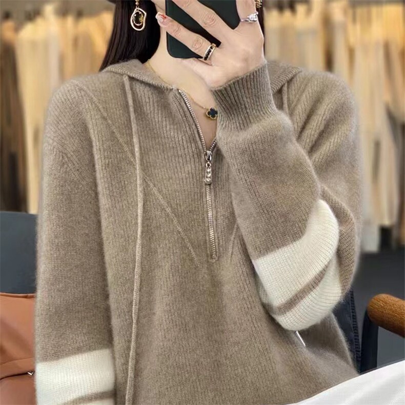 连帽衫女元宝针半拉链拼色卫衣宽松休闲羊毛针织打底衫,针织衫/毛衣,萱芳婷羊绒