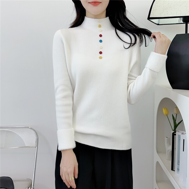 彩色扣半高领针织衫女2025秋冬加绒加厚大码胖mm内搭打底衫上,针织衫/毛衣,雄坤针织