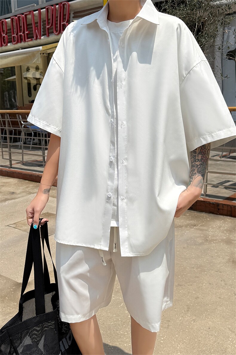 短袖衬衫短裤冰丝套装5XZ1013-TP30不纯色男垂感两件套,男装牛仔裤,电商A102