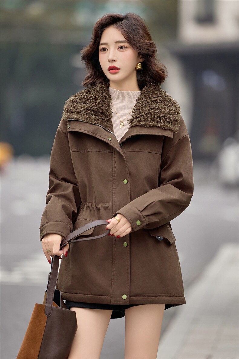 咖色羊羔毛翻领加绒派克服女2025冬季中长款加厚保暖收腰棉服外套,女装短外套,E百度