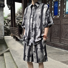 夏季新款男士套装潮流宽松水墨画短袖衬衫短裤两件套，男装牛仔裤，星座410-7