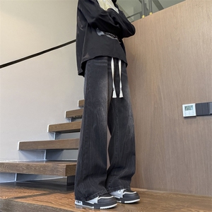 闪电纹黑色牛仔裤直筒裤子宽松水洗痞帅阔腿裤310A-4-NZ59-TP35图片