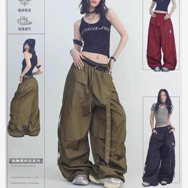 美式复古军绿色工装裤街舞爵士嘻哈设计感速干褶皱休闲直筒裤潮牌图片