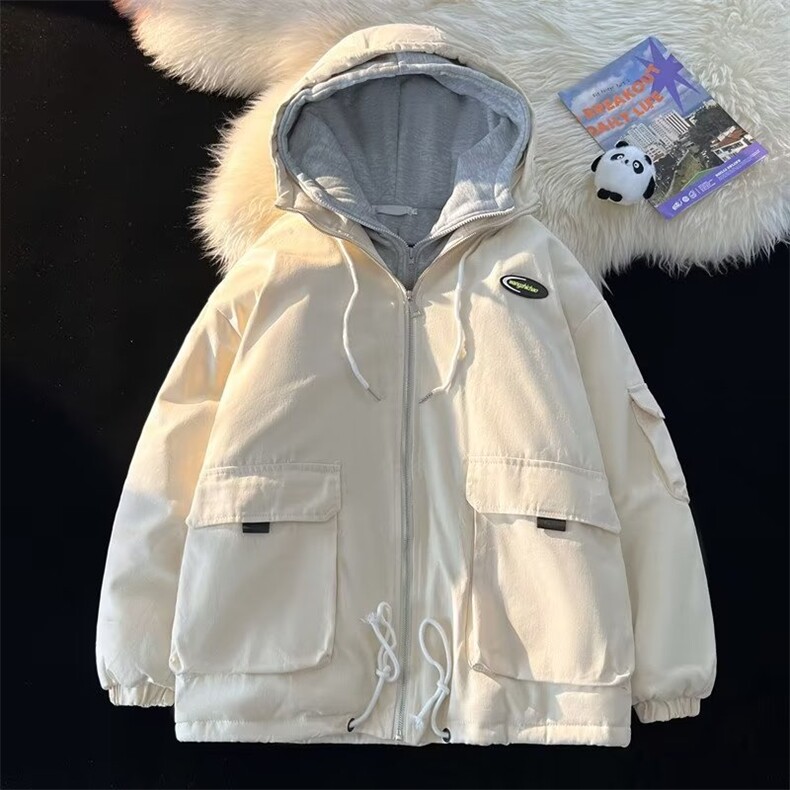 工装衣男假两件冬季加厚袄连帽服宽松潮牌情侣外套1237-p99,男装棉衣,星座1008