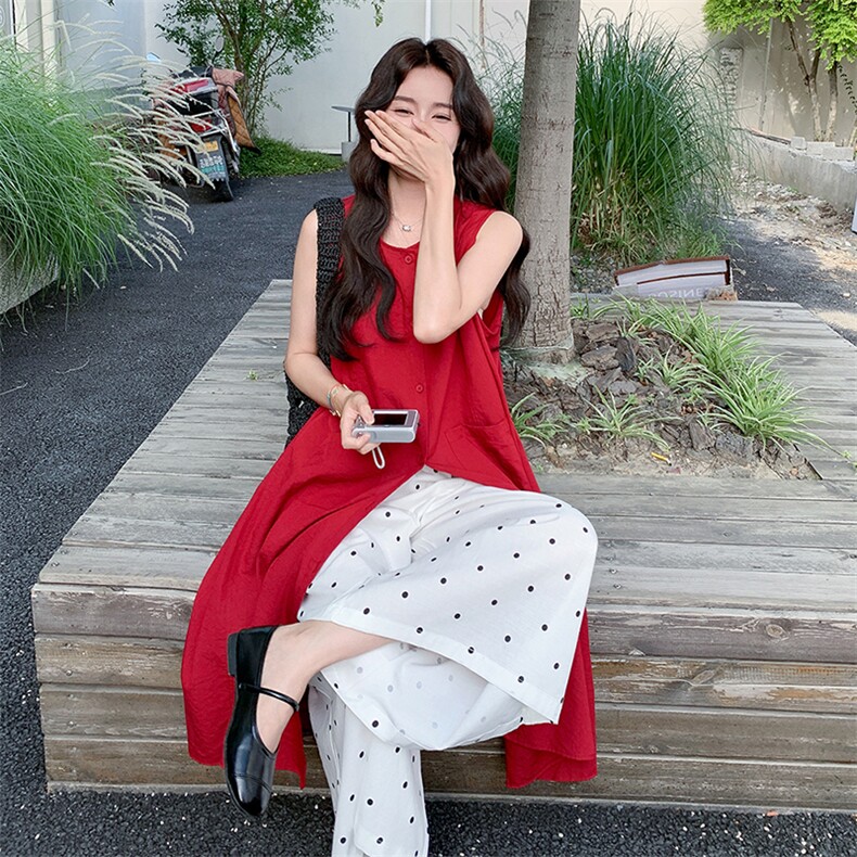 红色炸街时尚套装女夏季2025新款法式圆领背心裙波点阔腿裤两件套,女装套装/套裙,浙宝305
