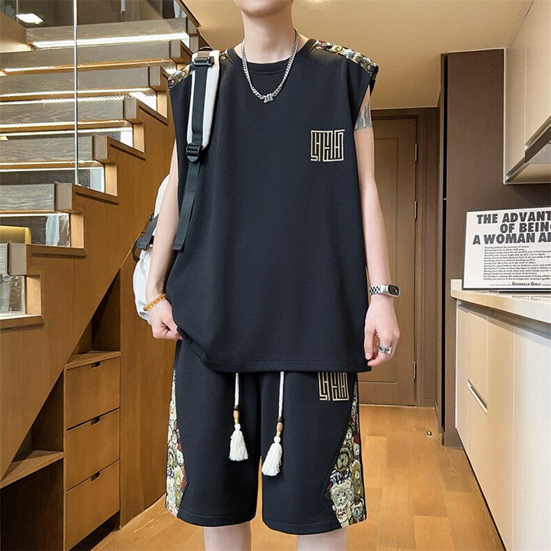 男士背心短裤五分两件套夏季刺绣套装男拼接A266-TZ2258-P46,男装休闲套装,电商A266