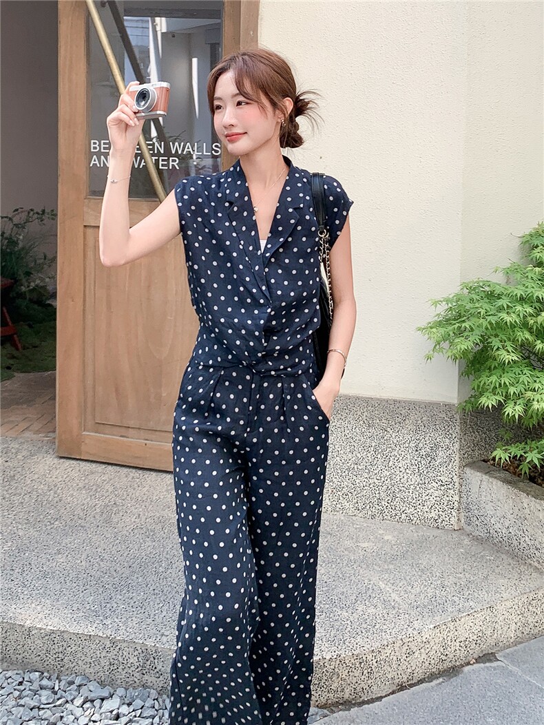 《大量现货26夏上新》100%苎麻舒适透气波点长裤无袖两件套女,女装套装/套裙,时尚风爆