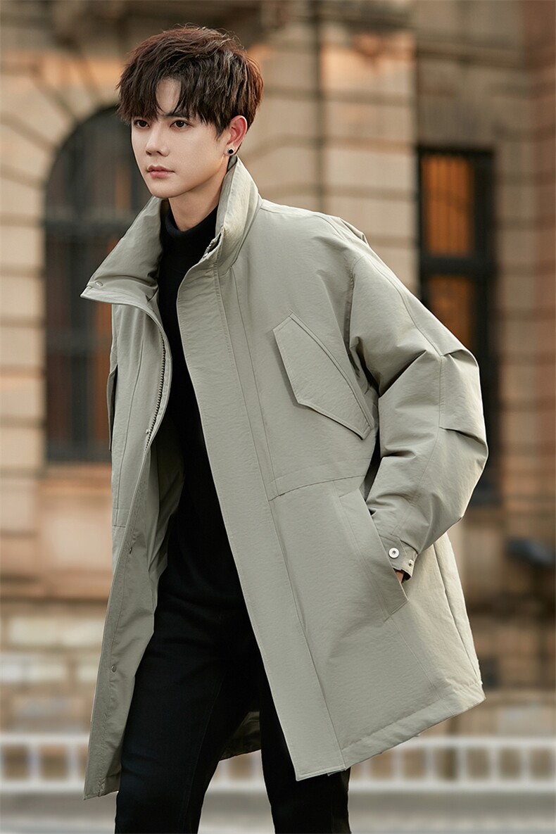 2025新款冬季中长款纯色连帽风衣羽绒服8255P430,男装风衣,电商A355（原A415）
