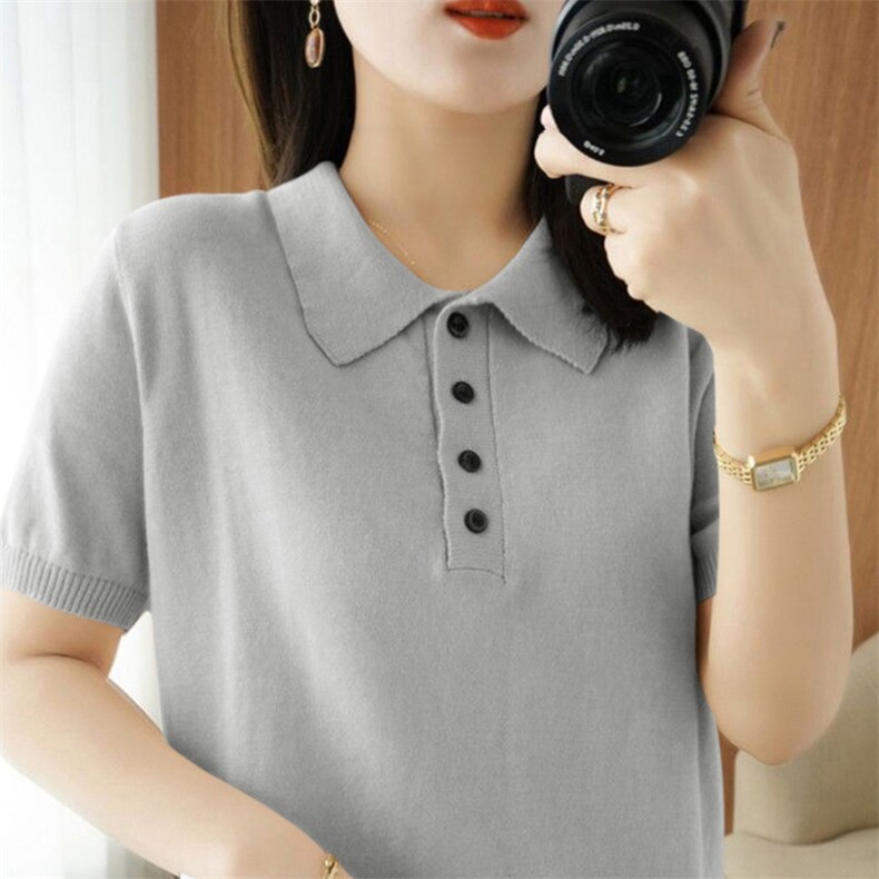 针织衫薄款宽松短袖打底衫女Polo领纽扣内搭上衣，女装针织衫/毛衣，品高羊绒