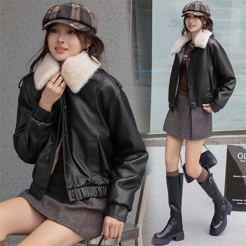 现货海宁f仿真皮皮衣女加绒加厚短款2024冬季新款女士宽松皮外套，女装皮衣，跑量工厂店