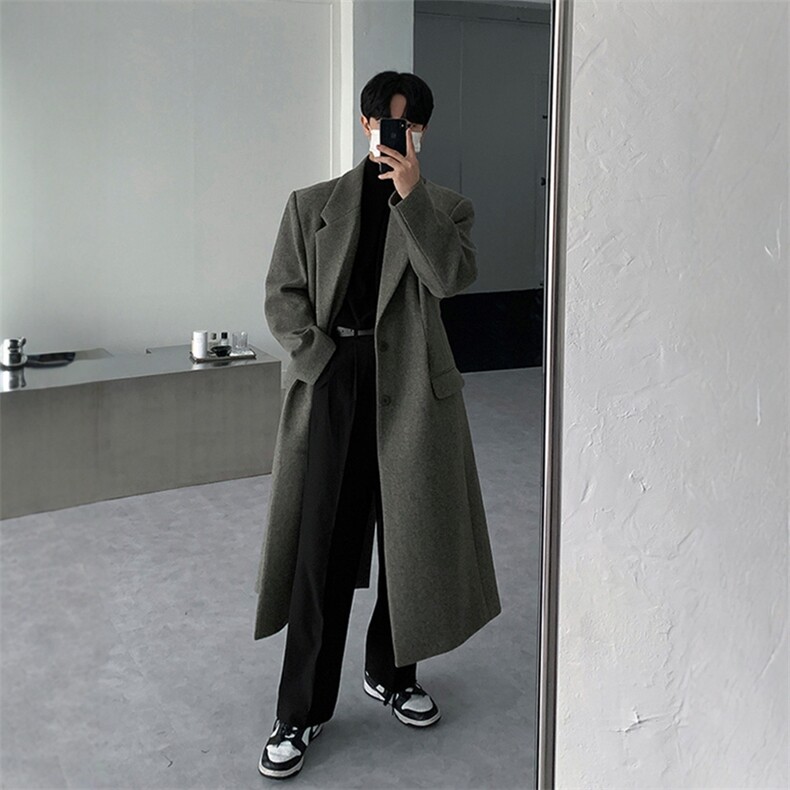 wassuphappy垫肩毛呢大衣男士冬季潮流高级感中长款呢子风衣外套,男装风衣,电商A430（原星座702）