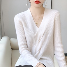2024秋季新款抽条扭花女V领女套头羊毛打底衫，女装羊毛衫，北娇羊绒