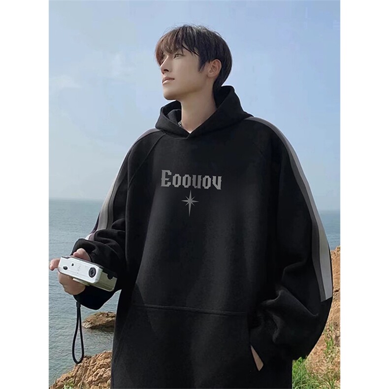 抖音得物美式休闲拼接织带撞色宽松潮连帽印花卫衣外套A1811，女装短外套，电商A443