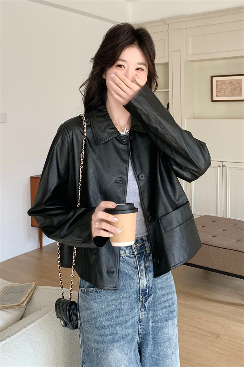 甜酷复古PU皮衣外套女2025早春新款黑色小翻领蛋白皮小个子上衣,女装皮衣,浙宝285（原212）