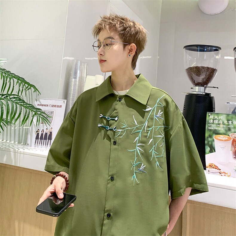 新中式国风竹子刺绣短袖衬衫男夏季潮牌冰丝速干宽松大码衬衣外套,男装衬衫,星座301A
