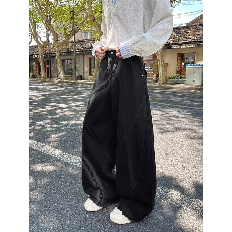 水洗做旧阔腿弯刀牛仔裤男女宽松美式设计垂感解构松弛感裤子,男装牛仔裤,四季星座505
