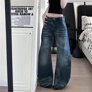 复古竹节纹水洗做旧蓝色弯刀牛仔裤男女设计美式感阔腿裤子NNZ79，男装牛仔裤，星座208-5