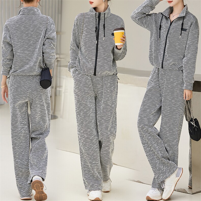 现货欧货运动套装女春秋2024新款时尚洋气撞色条纹立领卫衣两件套，女装套装/套裙，江南女神