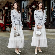 现货2026年春季新款女时尚潮流优雅风小外套皮衣蕾丝半身裙两件套，女装套装/套裙，奋斗女王