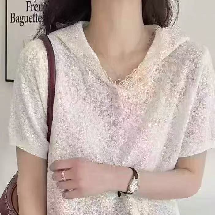夏季通勤简约舒适百搭加欧根纱帽衫短袖,女装T恤,百纯羊绒