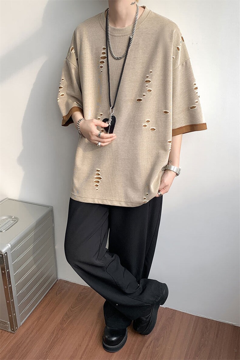T10137-特批33控68开口笑高品质夏季大码短袖破洞潮流百搭T恤,男装T恤,电商A059