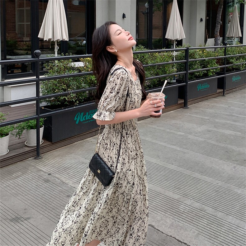法式甜美茶歇碎花连衣裙女2025夏季新款韩版收腰显瘦温柔风长裙子,女装连衣裙,2C029