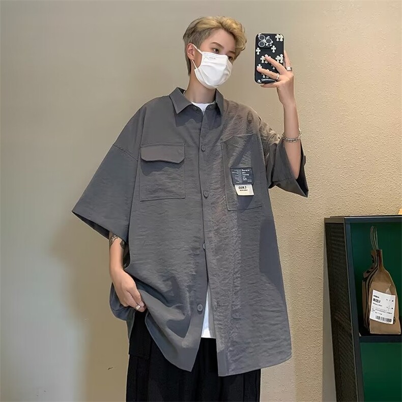 短袖衬衫男夏季潮牌日系宽松潮流衬衣休闲百搭工装外套男衣服,男装衬衫,星座716-3