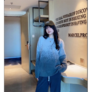 软糯渐变粉色提花毛衣男女套头冬季设计感小众氛围感水貂绒针织衫图片