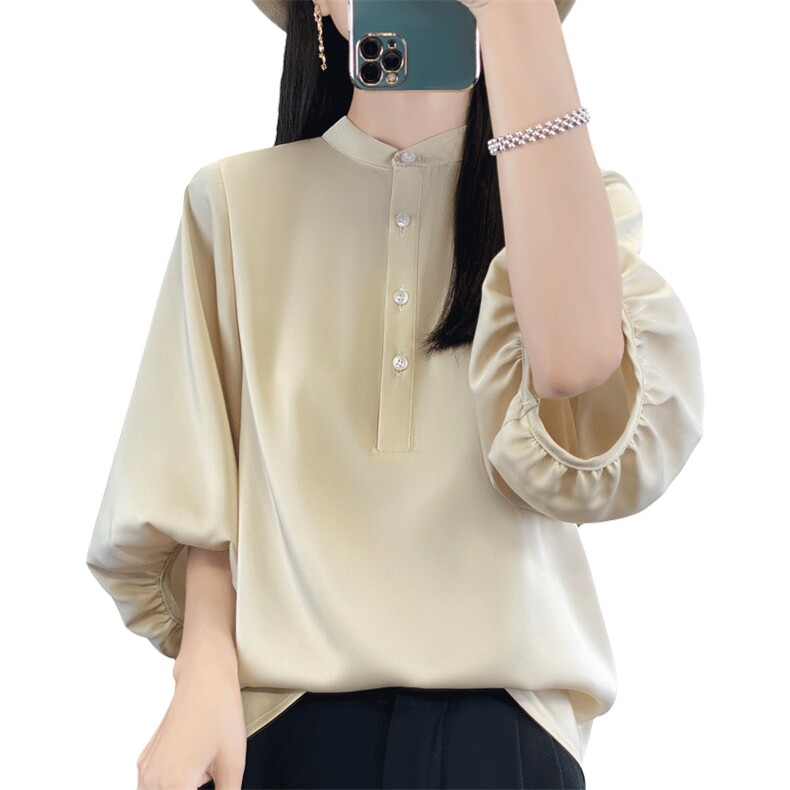 夏季新款重磅醋酸真丝七分袖衬衫女士立领纯色泡泡袖宽松休闲显瘦,女装衬衫,朝贺羊绒
