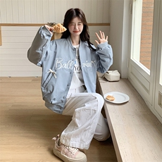 蓝色韩系chic别致字母刺绣棒球服女2025秋新款减龄蝴蝶结时尚外套，女装短外套，2C176