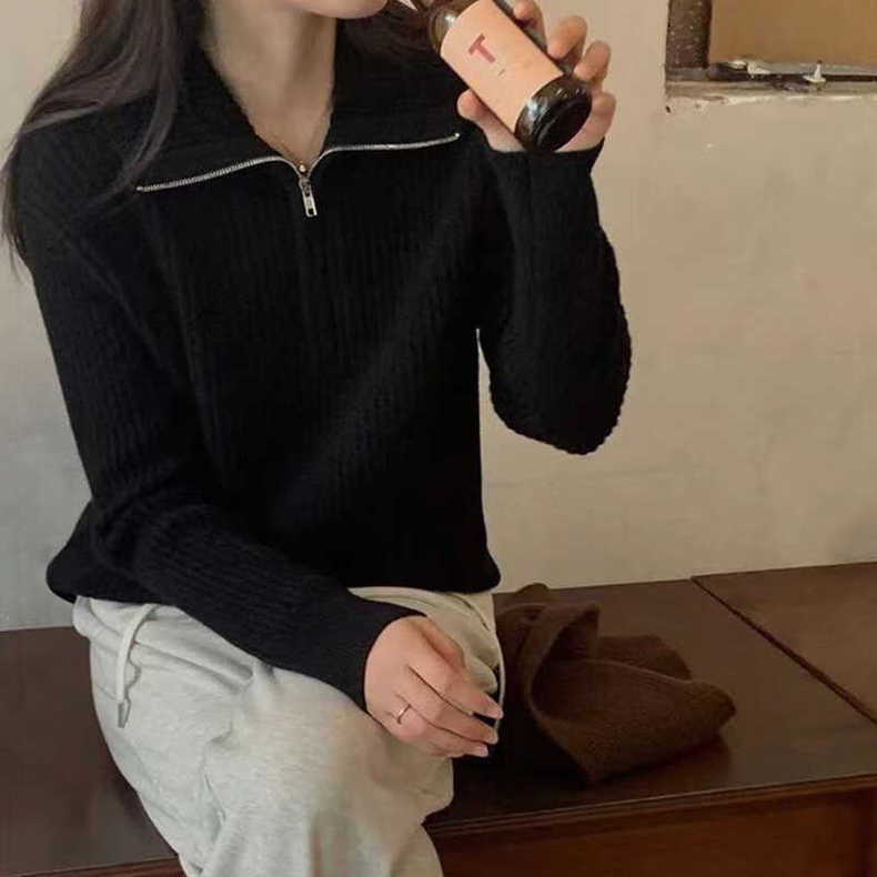 欧洲站气质半拉链翻领针织衫女秋冬宽松厚款POLO领毛衣羊毛衫,女装羊毛衫,思途羊绒