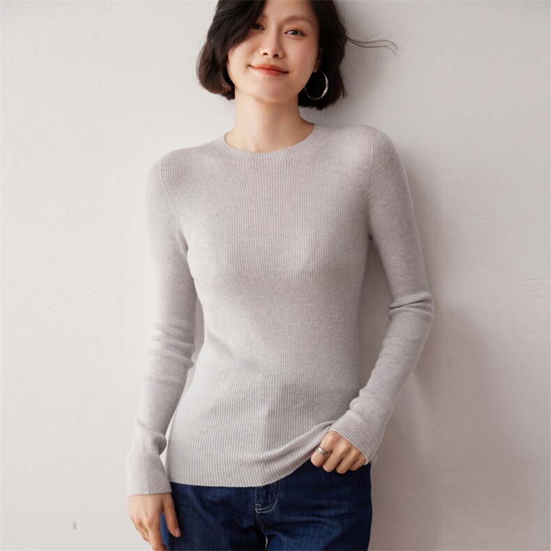 秋冬新款洋气时尚百搭显瘦女款精纺一线成衣圆领35%羊绒衫图片