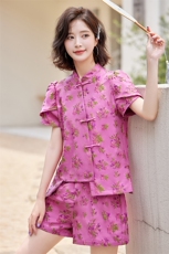 新中式国风绣花盘扣套装女2024年夏季新款时尚气质修身短裤两件套，女装套装/套裙，众宇琦