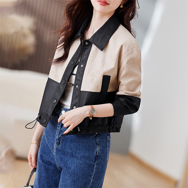PU皮衣外套女2023年新款春秋款今年流行设计感小个子短款翻领上衣,女装皮衣,江南女神