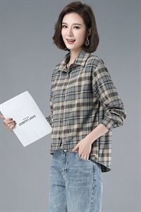 2021年春季POLO领排多扣格子长袖衬衫宽松韩版衬衣图片