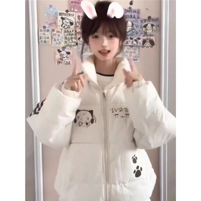 韩版学院风小熊印花三条杠棉服外套女冬季新款立领保暖加厚面包服图片